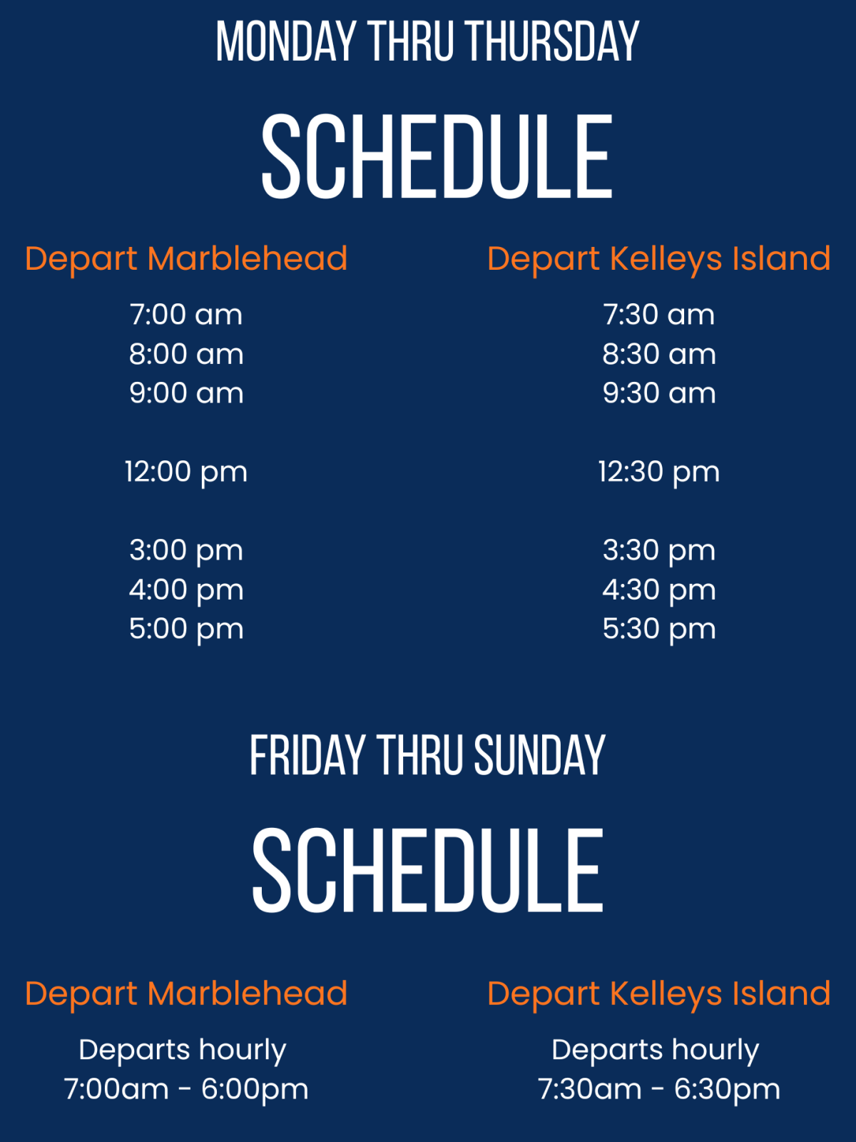Ferry schedule for Marblehead and Kelleys Island, Monday-Sunday.