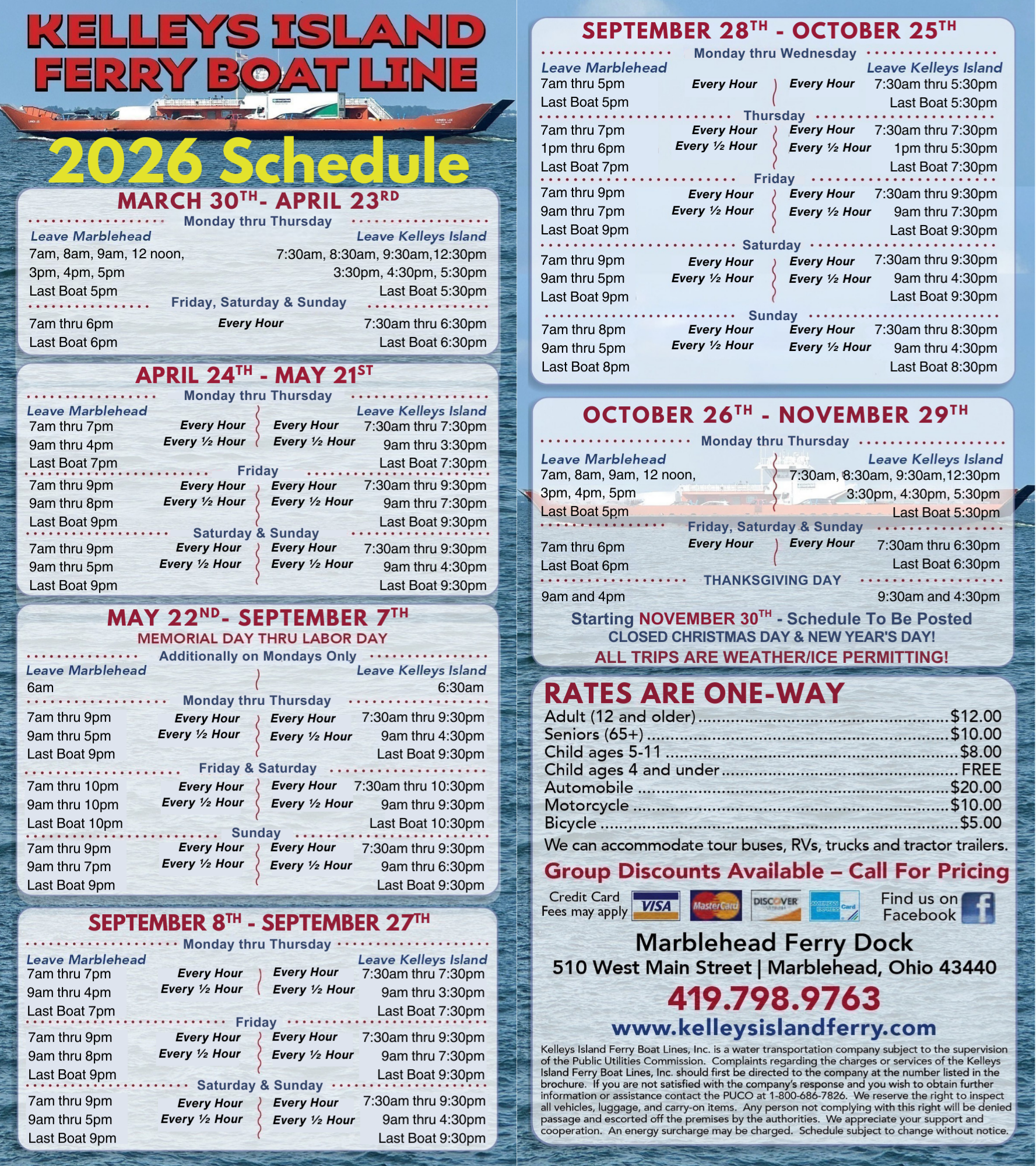Kelleys Island Ferry 2026 schedule, pricing, and contact info on a colorful chart.