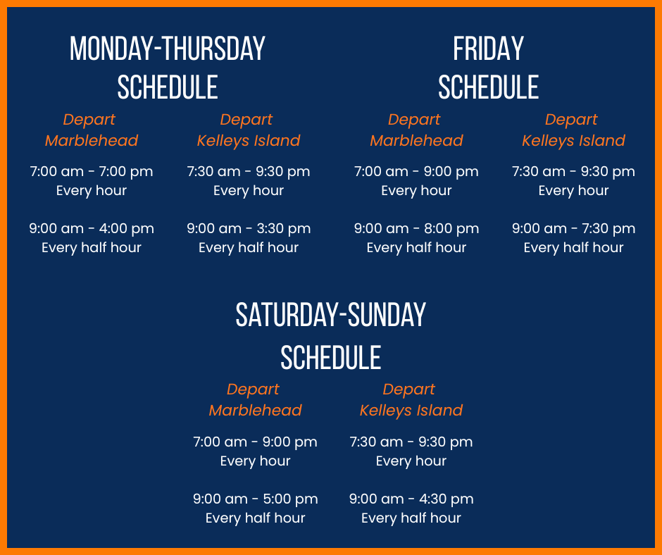 Ferry departure schedule from Marblehead and Kelleys Island for Monday-Sunday.