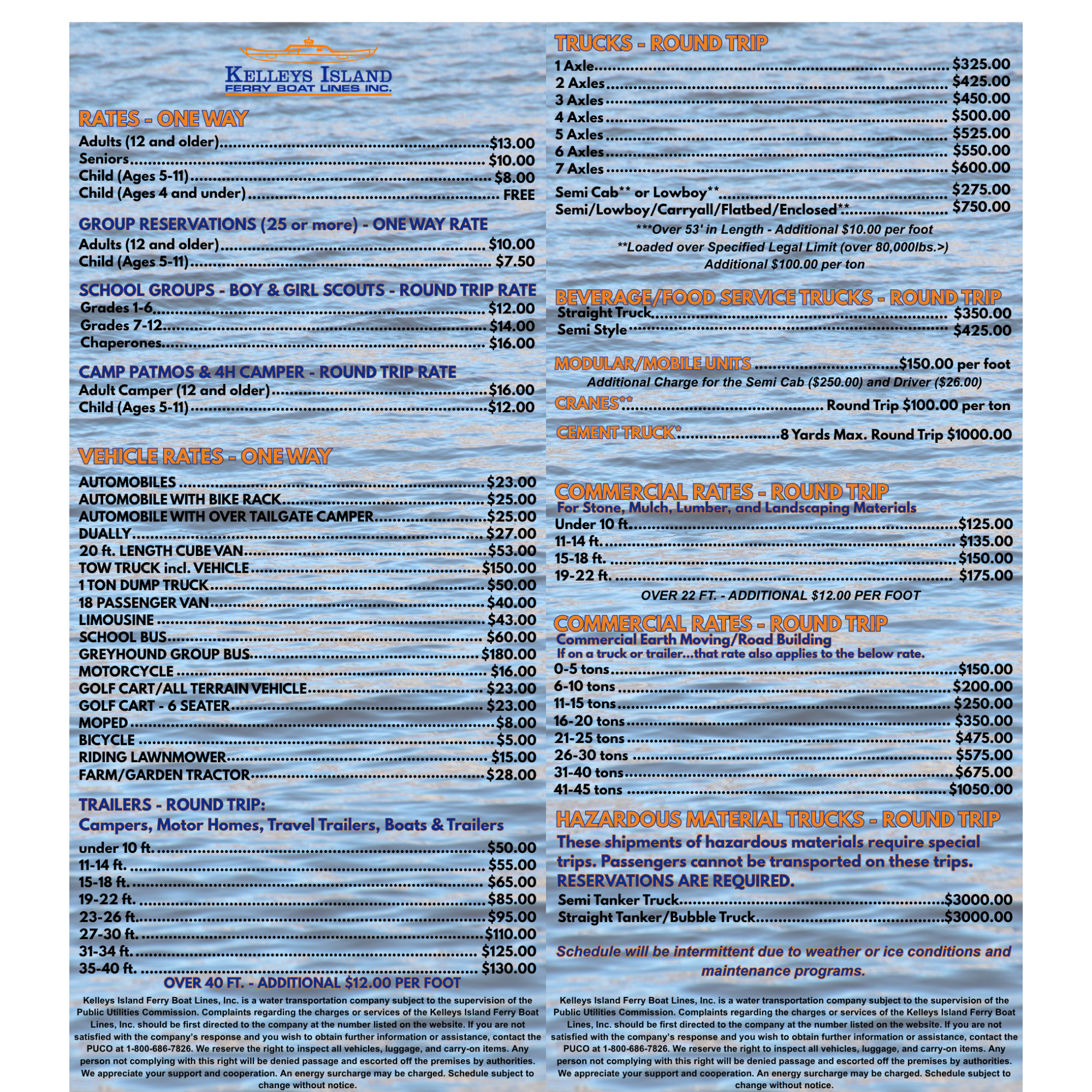 Kelleys Island ferry fare rates for vehicles, groups, and hazardous material trucks.