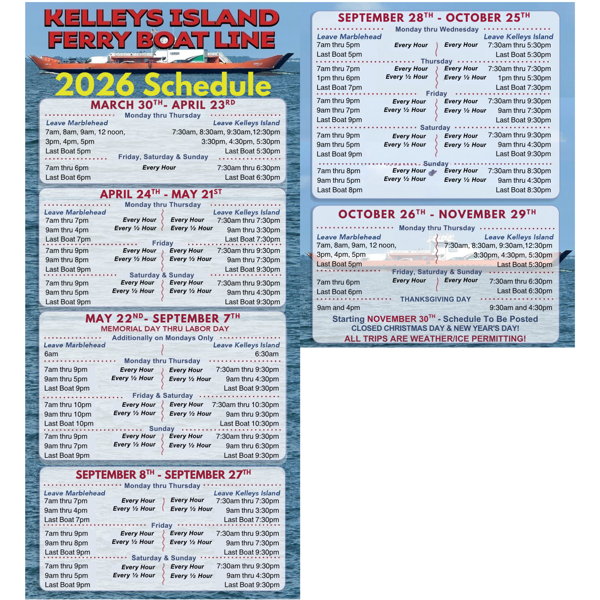 Ferry schedule chart for Kelleys Island Ferry Boat Line for 2026, with dates and times from March to November.