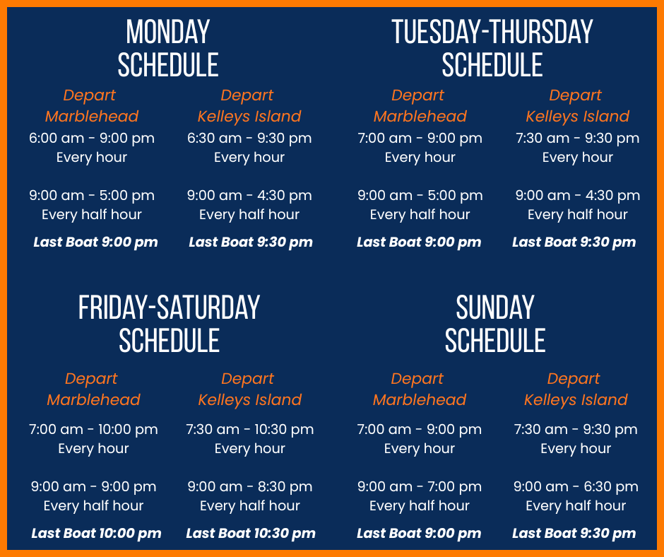 Boat schedules for Marblehead and Kelleys Island from Monday to Sunday.