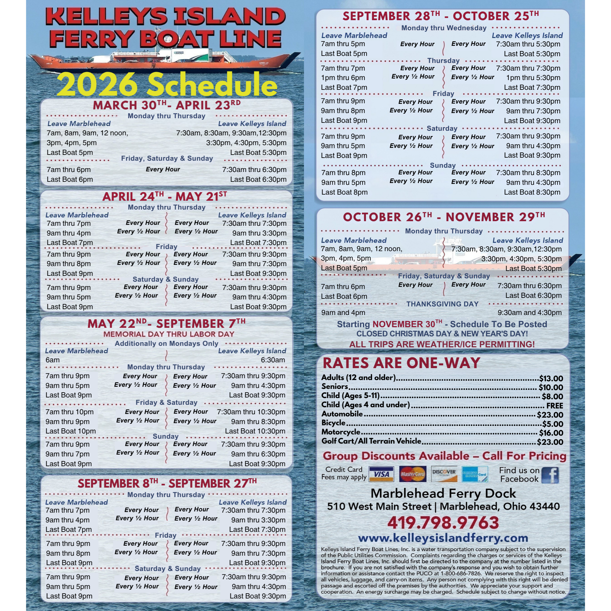 Kelleys Island Ferry Boat Line schedule with dates, times, and rates for 2026.