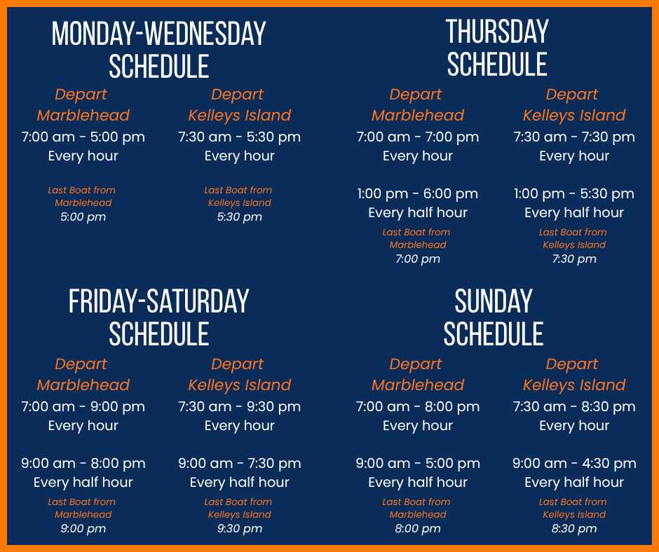 Ferry schedules from Marblehead and Kelleys Island for each day of the week.