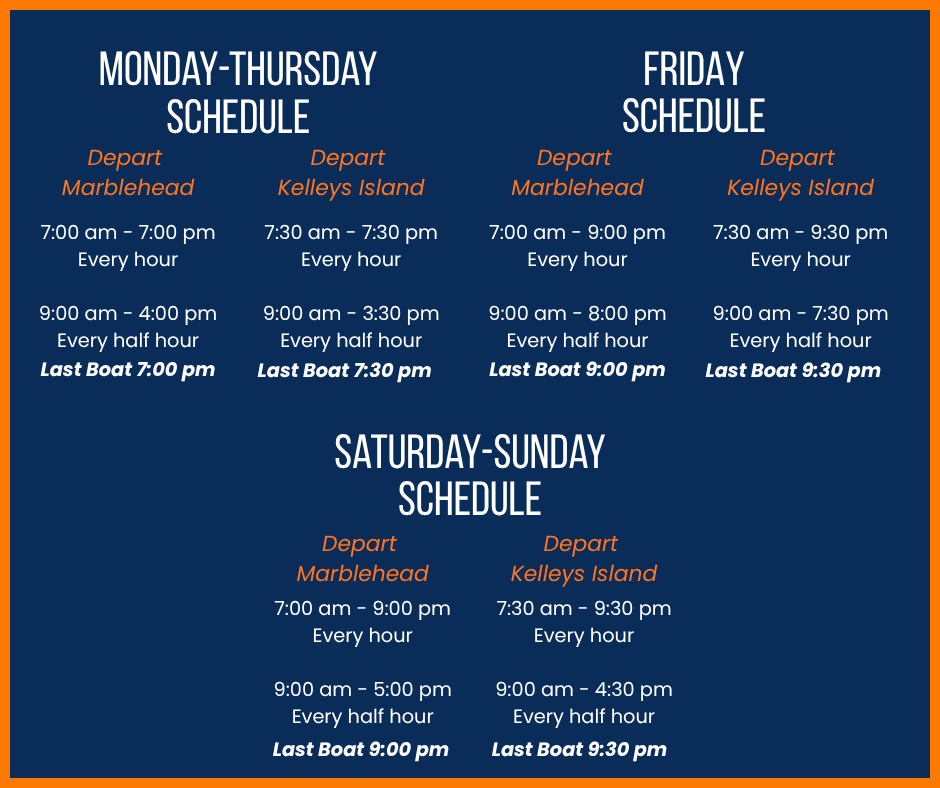 Ferry schedules for Marblehead and Kelleys Island from Monday to Sunday with departure times.