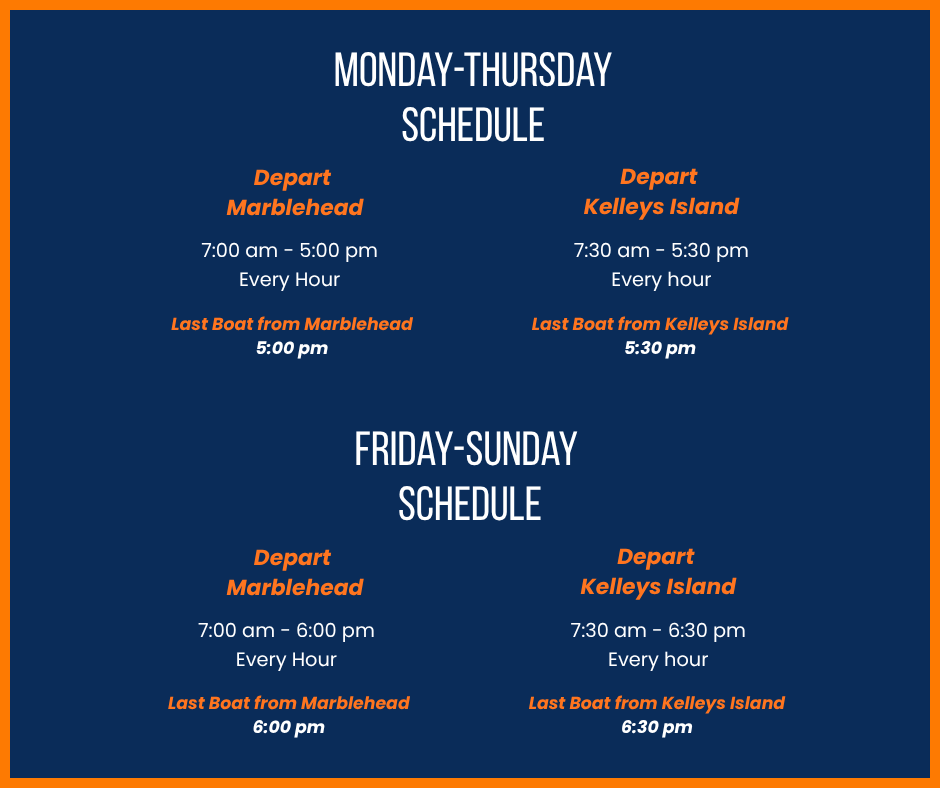 Boat schedule from Marblehead and Kelleys Island, varies by day and time with last departures highlighted.